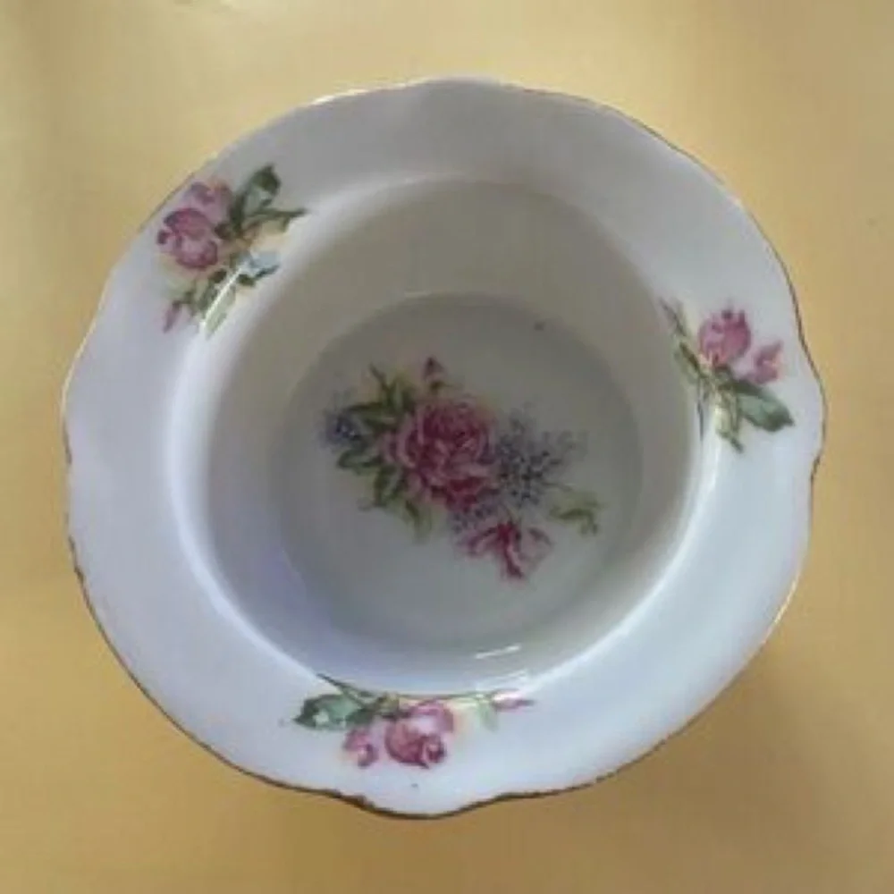 Porcelain Floral Serving Bowl in White with Pink Roses